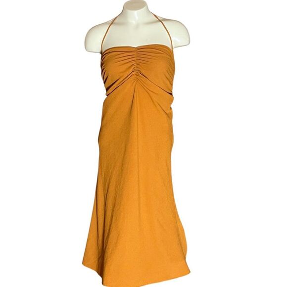 Urban Finders Keepers Mustard Ruched Halter Tie At Neck MIDI Dress Sz 5 - Picture 1 of 5